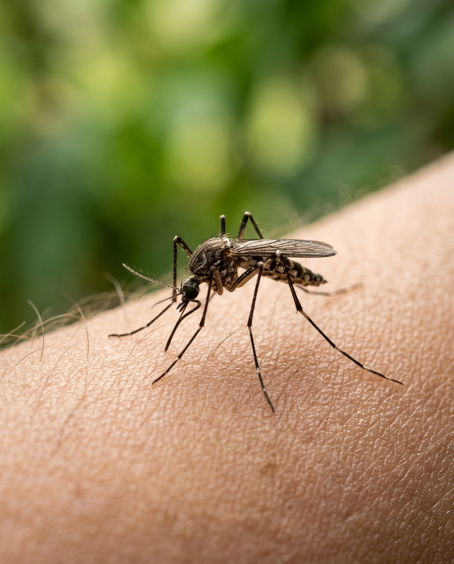Mosquito close-up on tropical leaf — yellow fever is transmitted by infected mosquitoes