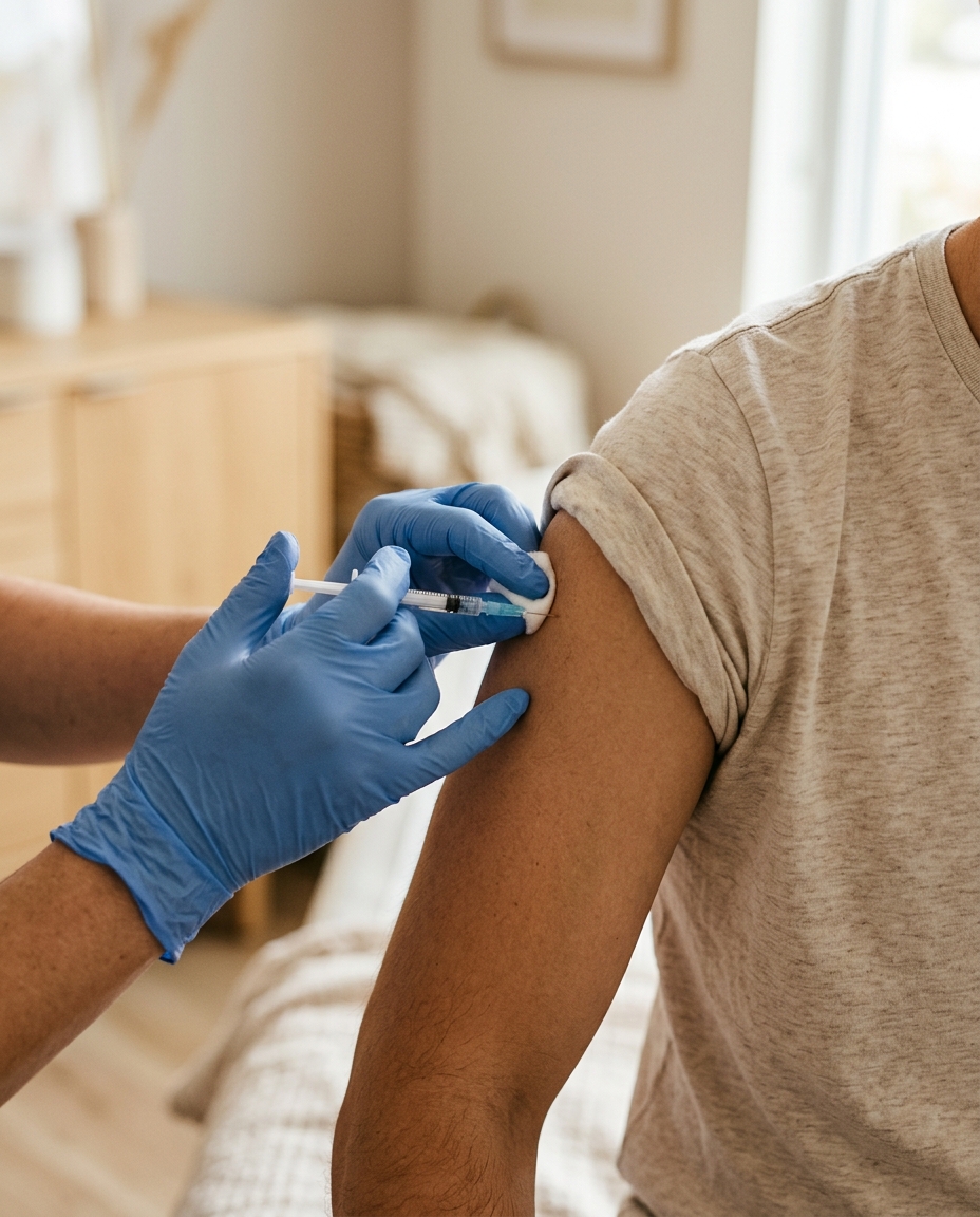 Pharmacist administering a travel vaccine in a professional clinical setting