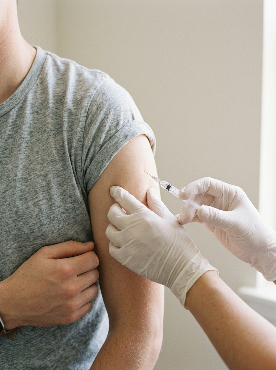 Pharmacist preparing a typhoid vaccination in a clinical setting — professional travel health service