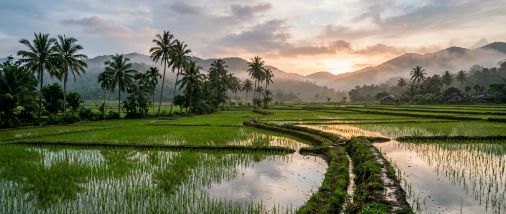 Japanese encephalitis vaccine: rural Southeast Asian rice paddies at dusk where mosquitoes breed