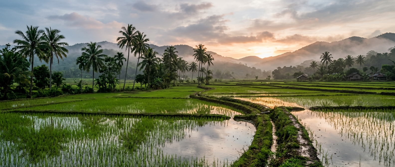 Japanese encephalitis vaccine: rural Southeast Asian rice paddies at dusk where mosquitoes breed