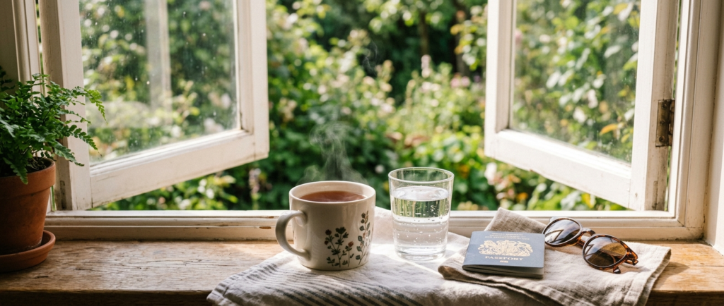 Recovering comfortably at home after a Japanese encephalitis vaccination, with tea and travel documents on a sunny windowsill