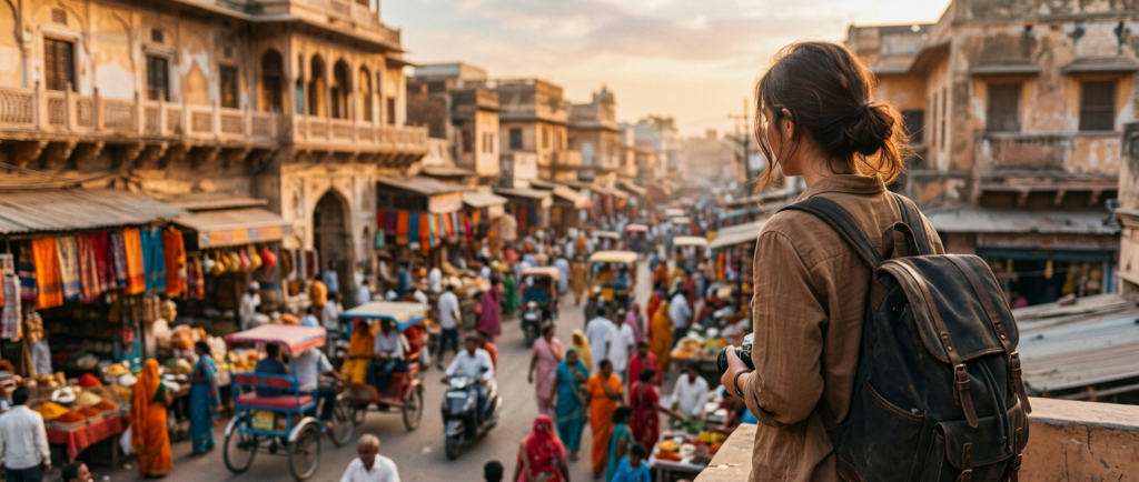 Backpacker in a colourful Indian street, rabies vaccine for travel to India