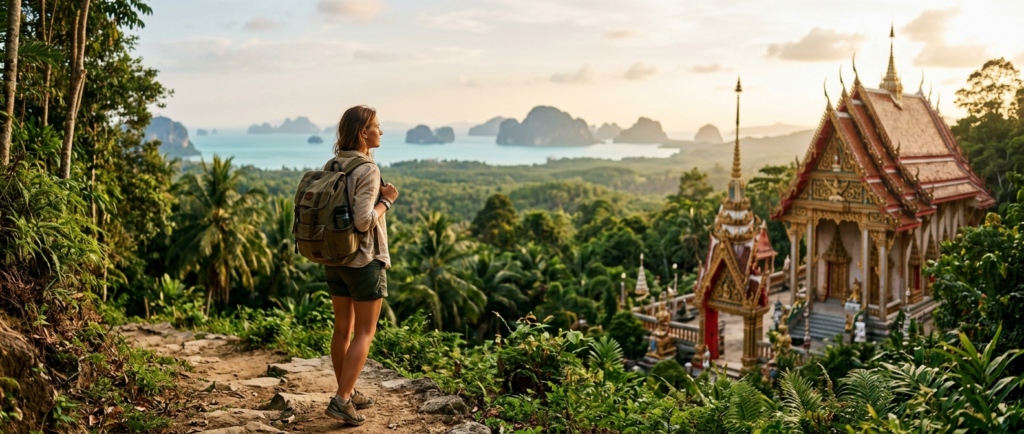 Traveller near a Thai temple, rabies vaccine for travel to Thailand