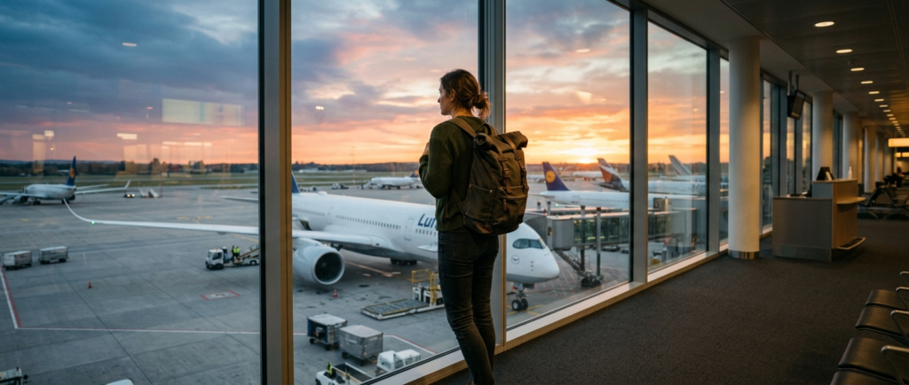Traveller at an airport window at sunset, timing the rabies vaccine before travel