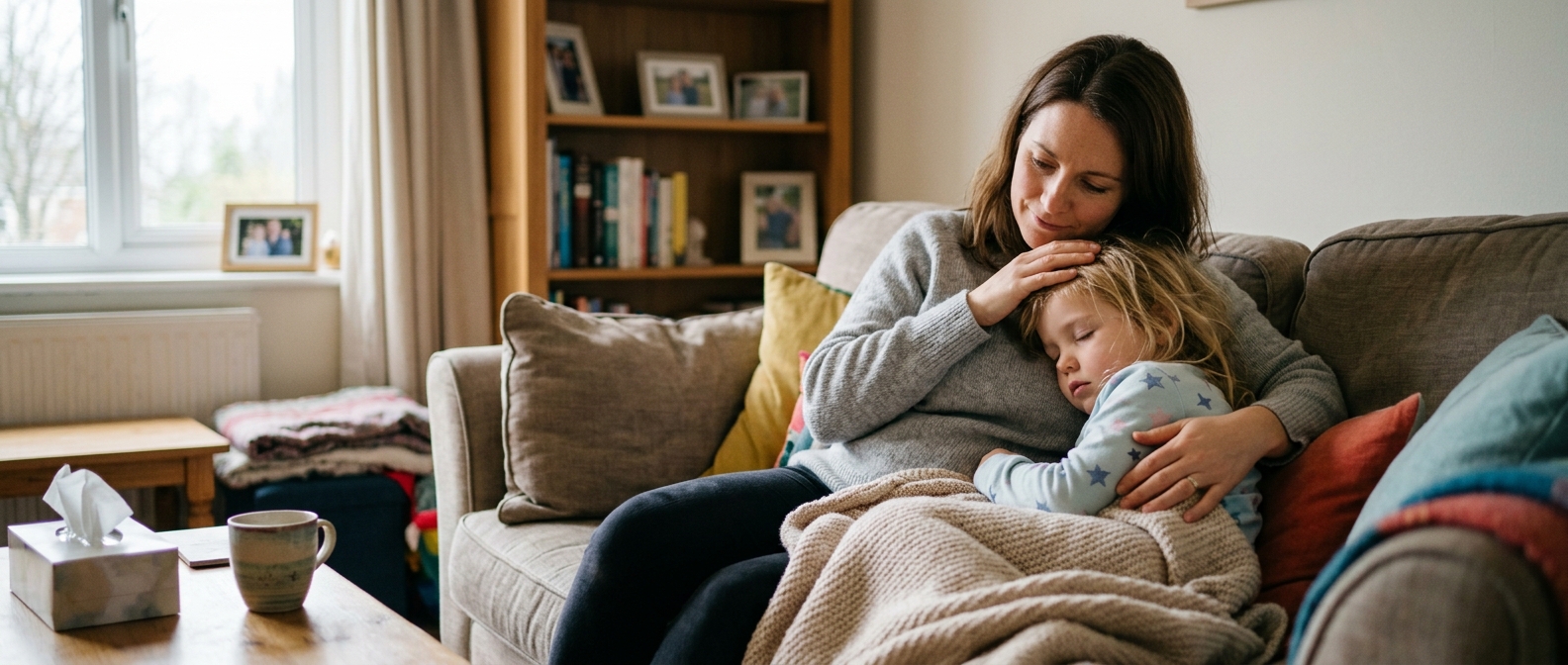 Parent comforting an unwell child at home before a same-day Pharmacy First visit